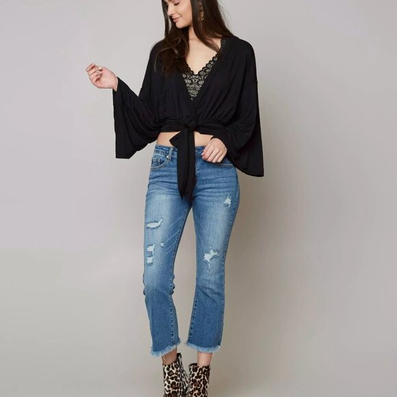 Free People Thats a Wrap Top Bell Sleeve Crop Top Bell Sleeve Knit Shirt Black - Picture 4 of 12